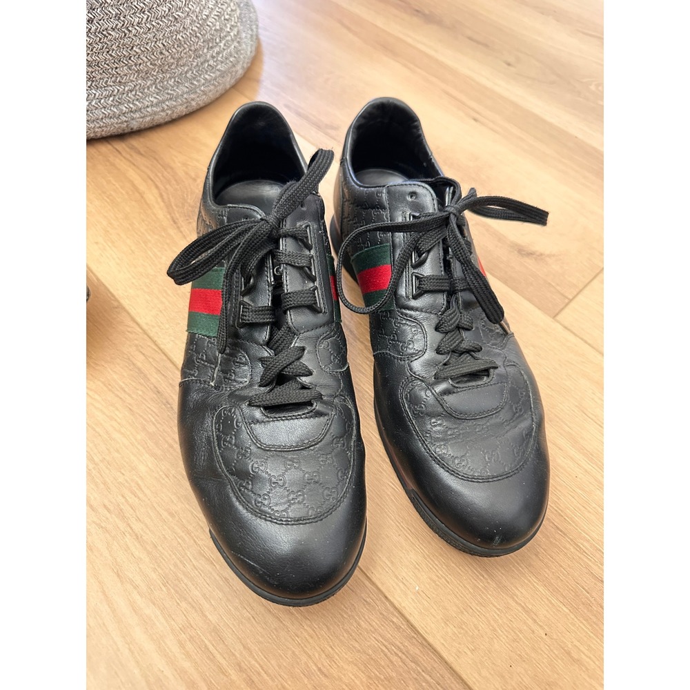 Gucci Mens Black Guccissima Leather Web Stripe Low Top Sneakers size 10